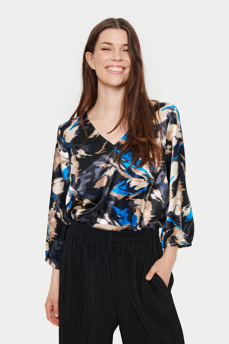 Saint Tropez Bee Cobalt Abstract Print V-Neck Satin Blouse, 30512983