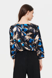 Saint Tropez Bee Cobalt Abstract Print V-Neck Satin Blouse, 30512983