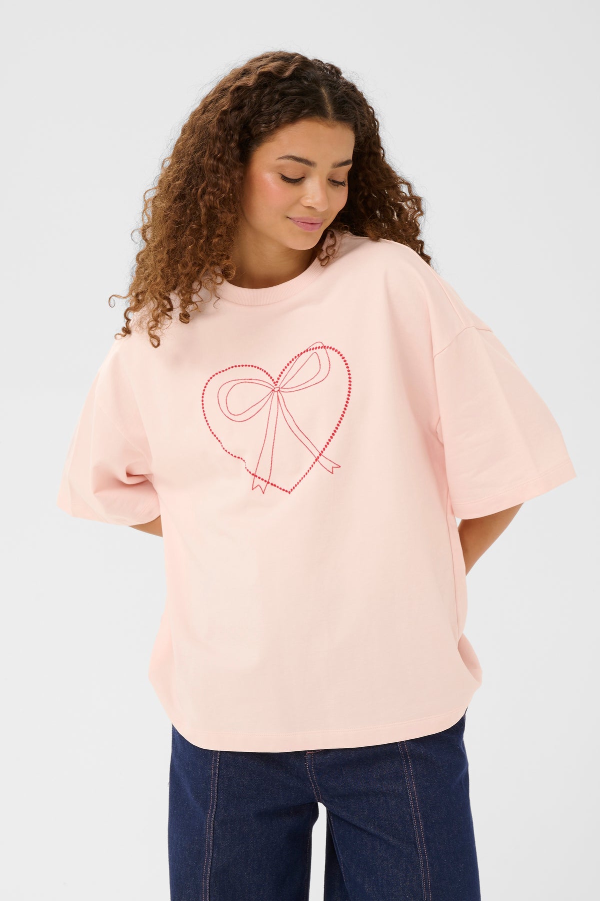Saint Tropez Pexton Baby Pink Heart Bow Embroidered Boxy T-Shirt, 30514916