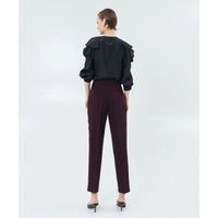 Access Fashion Highwaisted Burgundy Plum Cigarette Trousers with Pleated Detailing