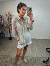 Access Fashion Beige Oversized Longline Mesh Shirt