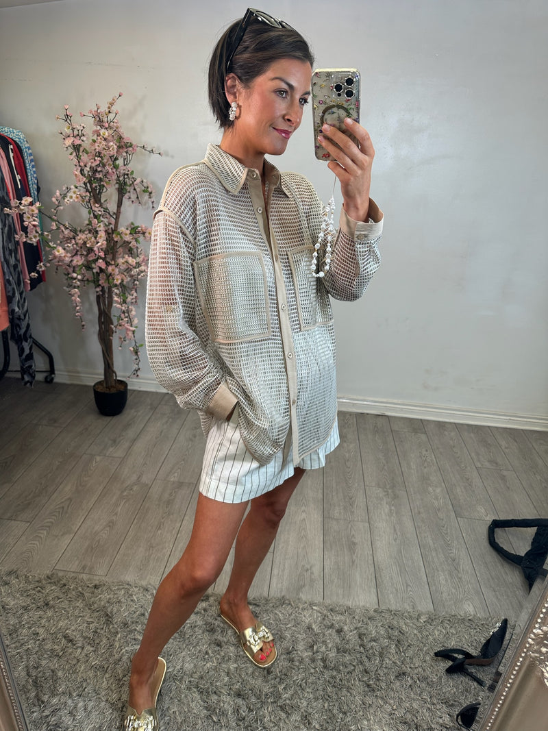 Access Fashion Beige Oversized Longline Mesh Shirt