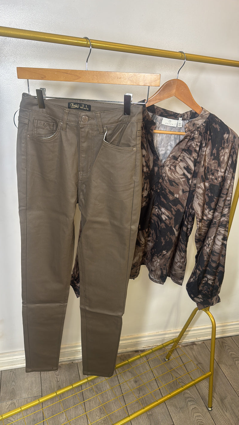 Toxik Chocolate Brown Taupe Highwaisted Bum Lift Matte Coated Jeans