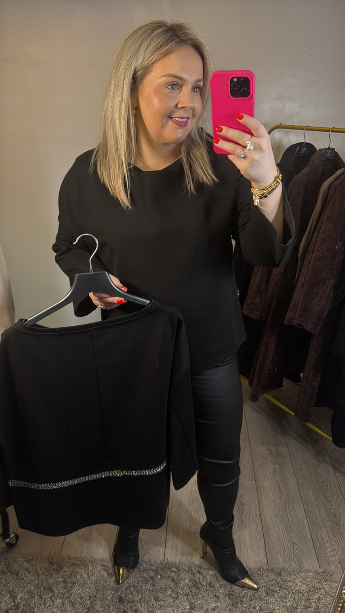 Access Fashion Black Boat Neckline Blouse with Embellishment