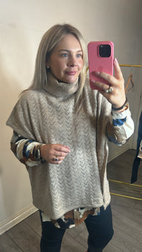 B.Young Baviksi Cement Melange Knitted Poncho, 20815443