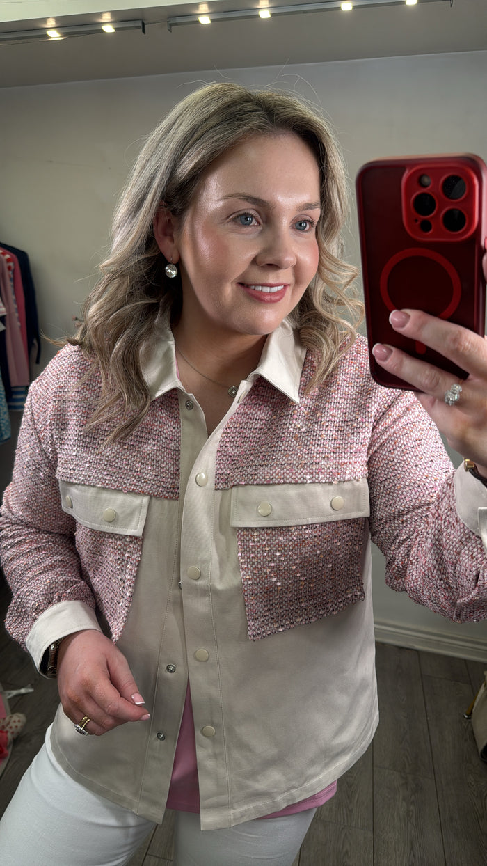 Coster Copenhagen Pink Boucle and Cream Oversized Shirt Jacket
