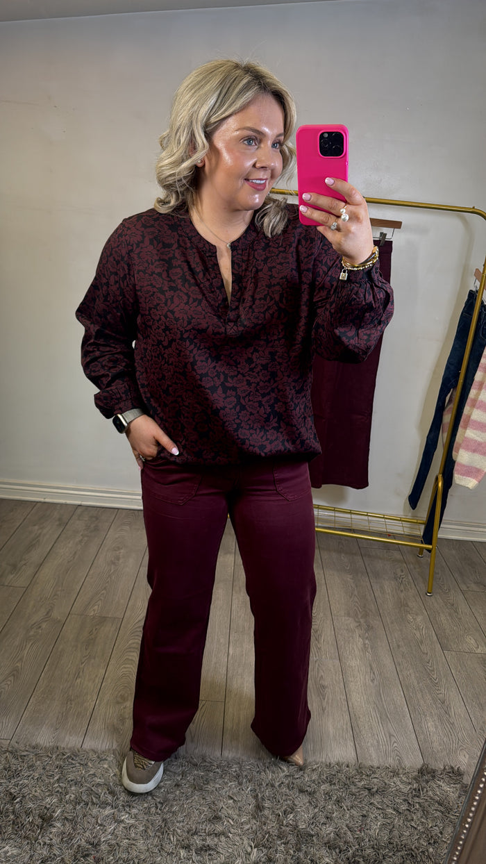 Toxik Highwaisted Burgundy Wide Leg Flared Jeans