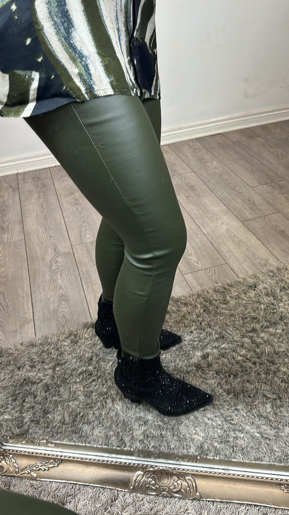 Toxik Khaki Green Highwaisted Bum Lift Matte Coated Jeans, H2545