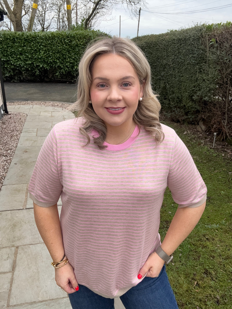 Kaffe Kalizza Feather Beige /Candy Striped Knit with Candy Pink Trim, 10511826