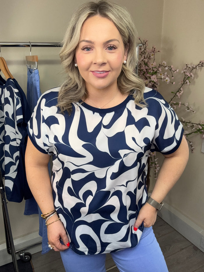 B.Young ByPanya Medieval Blue Swirl Print Silky Front T-Shirt