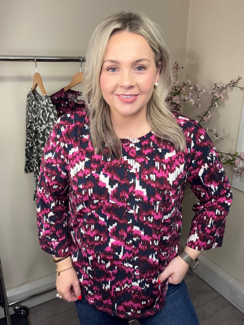 Fransa FrSeen Very Berry Abstract Print 3/4 Sleeve Top, 20617416