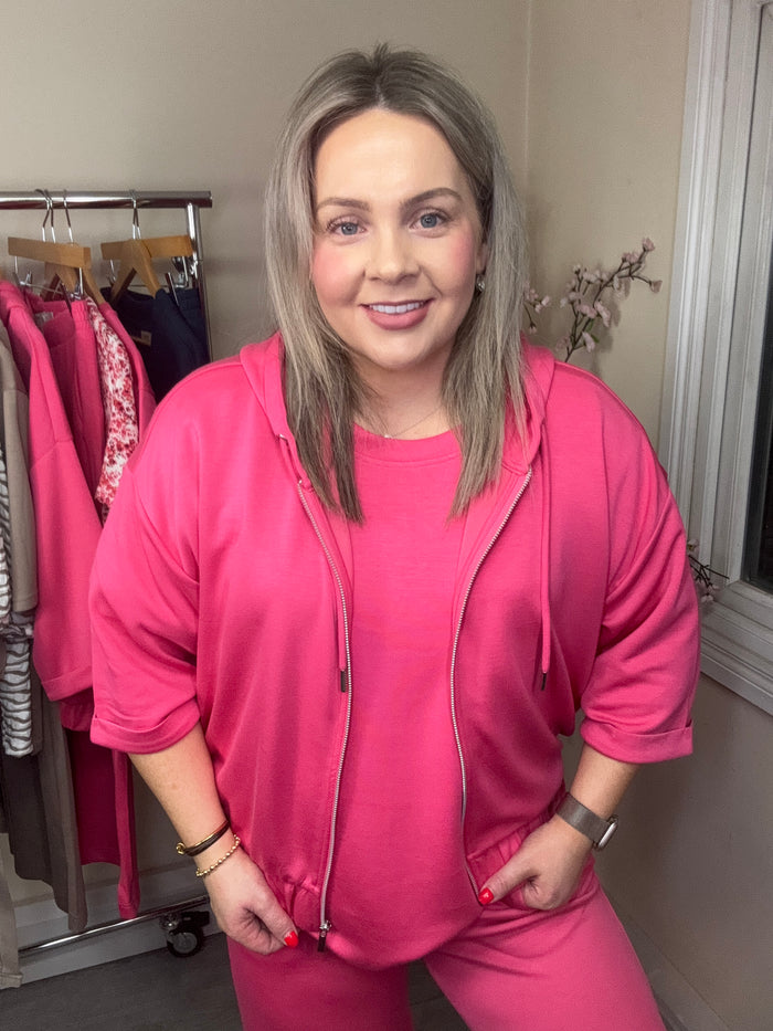 Fransa FrAurora Modal Honeysuckle Pink 3/4 Sleeve Zip Hoodie, 20617574