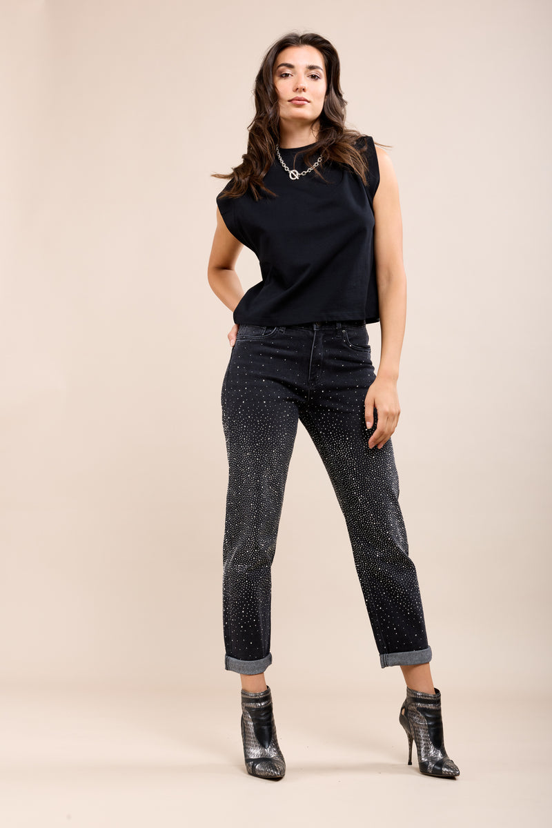 Toxik Highwaisted Boyfriend Charcoal Black Embellished Cropped Jeans