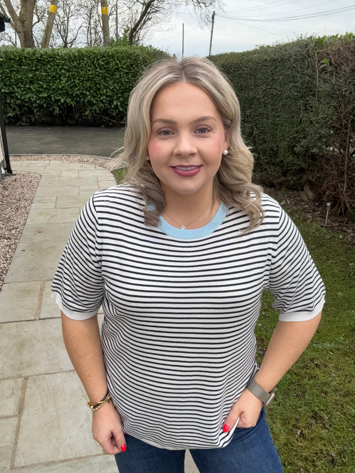 Kaffe Kalizza Navy/Chalk Striped Knit with Baby Blue Trim, 10511826