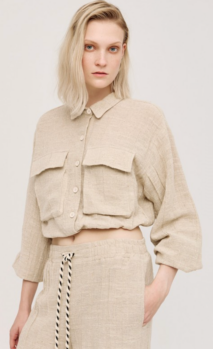 Access Fashion Sand Beige Cropped Shirt Linen Mix Jacket , 43-7031