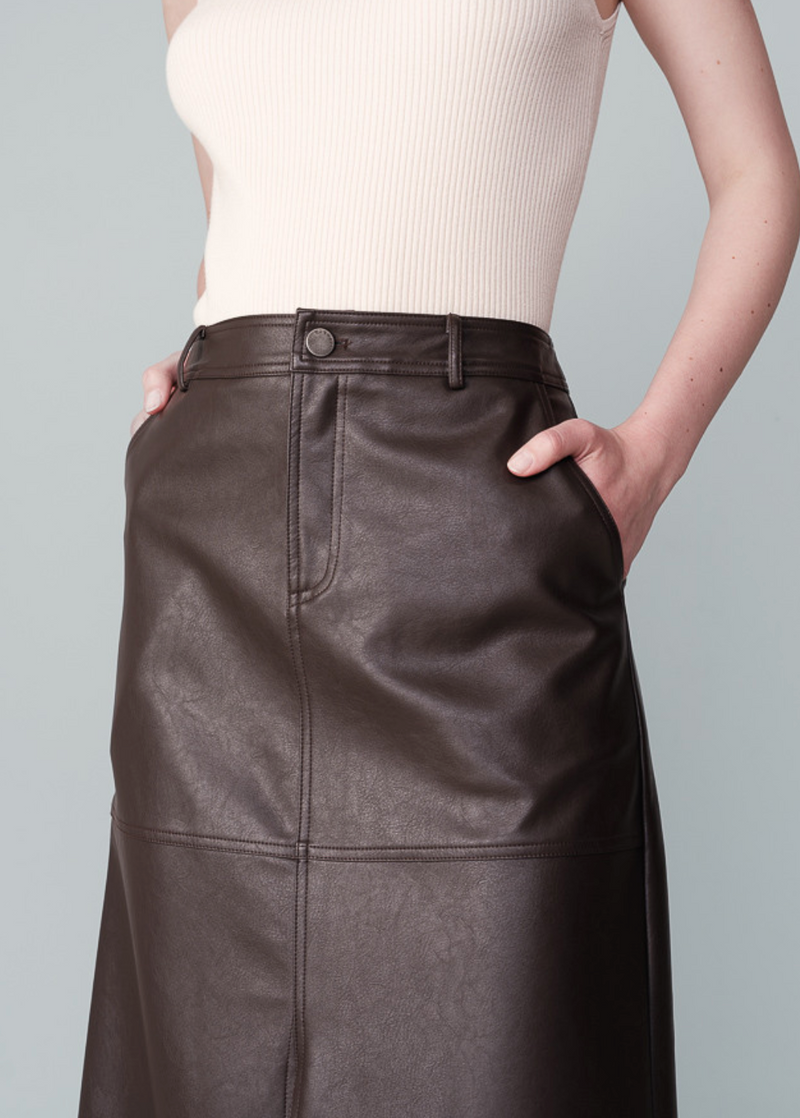 Grace & Mila Nory Chocolate Brown Faux Leather Midi Skirt