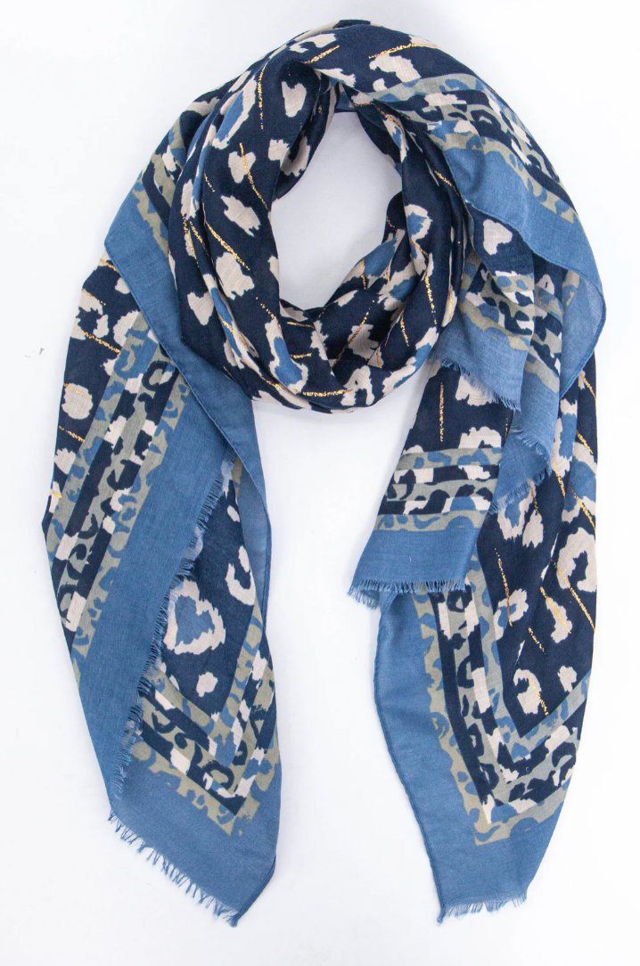 Ruby 67 Percy Blue Leopard Print Border Scarf, 3194BL