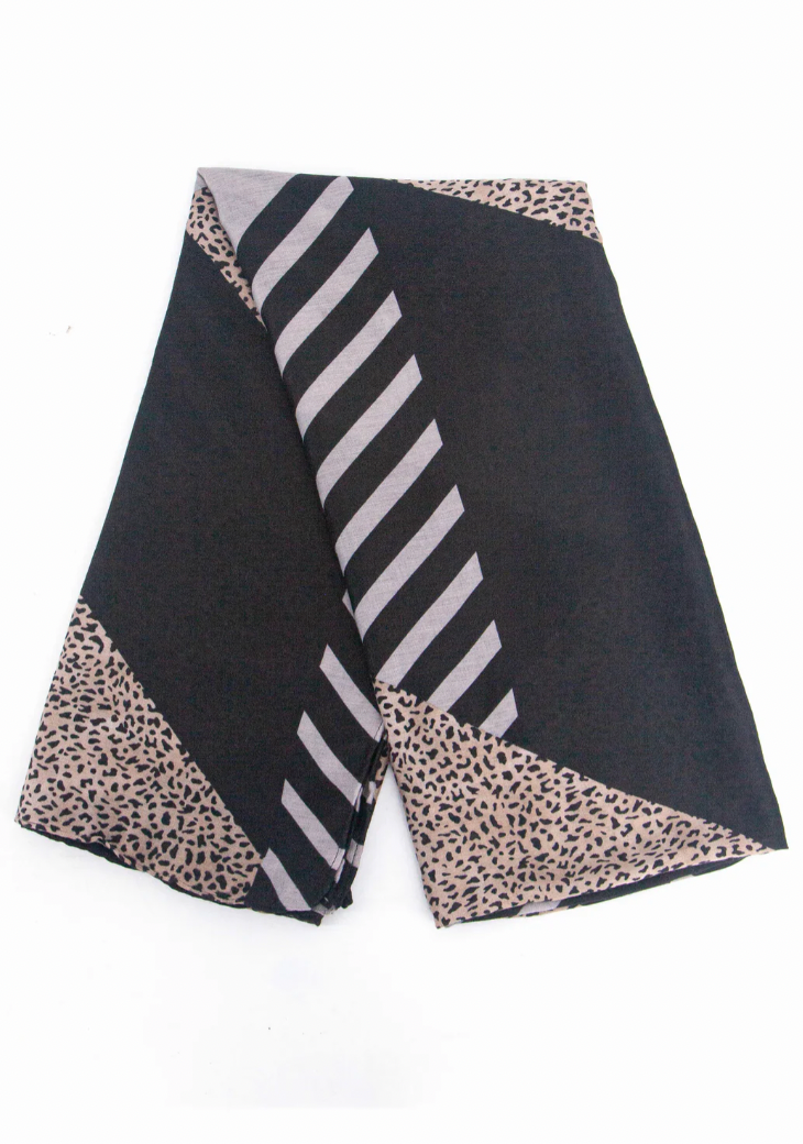 Ruby 67 Jodi Black Animal Print Scarf with Stripe Detailing