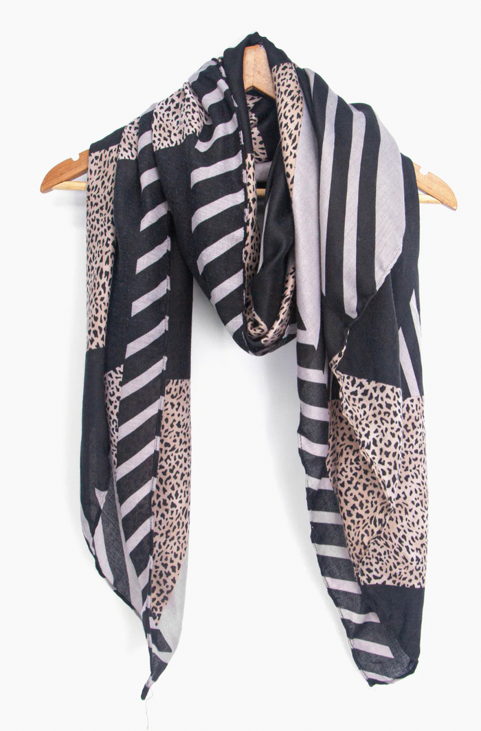 Ruby 67 Jodi Black Animal Print Scarf with Stripe Detailing