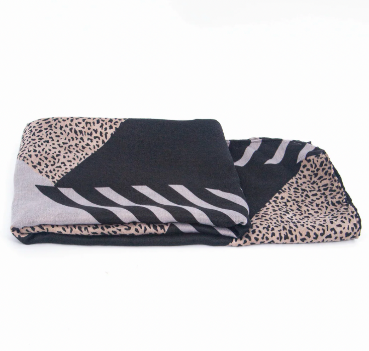 Ruby 67 Jodi Black Animal Print Scarf with Stripe Detailing