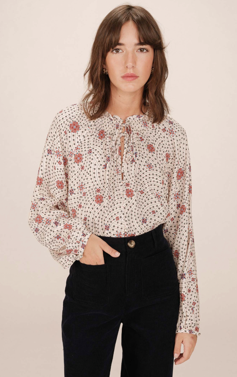 Grace & Mila Scarlett Ecru Burgundy Floral Tie Neck Blouse