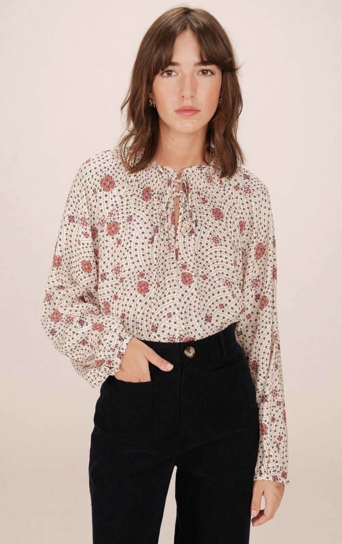 Grace & Mila Scarlett Ecru Burgundy Floral Tie Neck Blouse