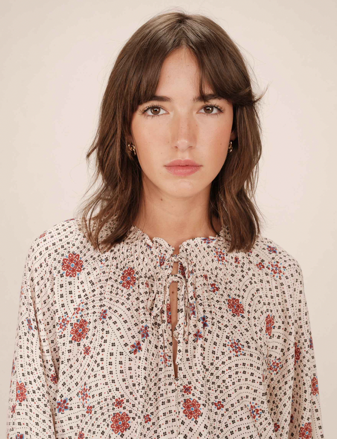 Grace & Mila Scarlett Ecru Burgundy Floral Tie Neck Blouse