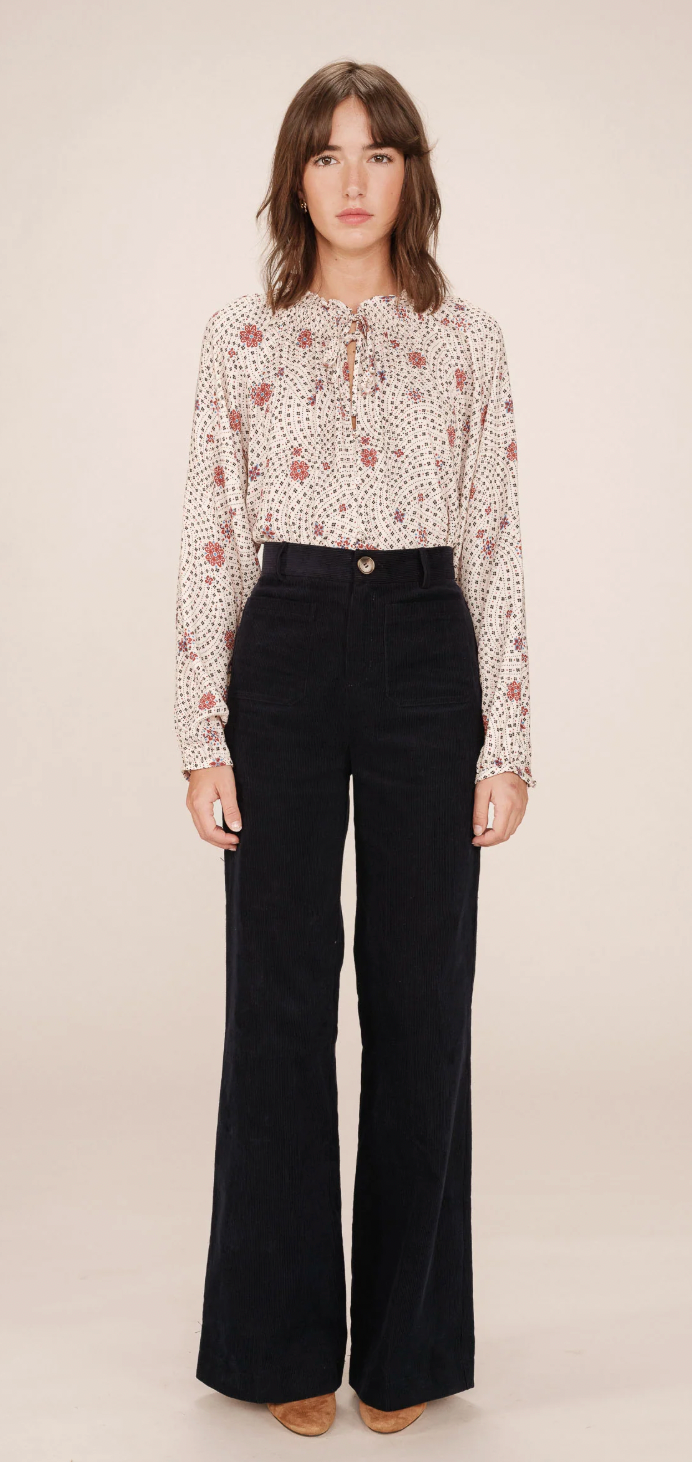 Grace & Mila Scarlett Ecru Burgundy Floral Tie Neck Blouse