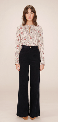 Grace & Mila Scarlett Ecru Burgundy Floral Tie Neck Blouse