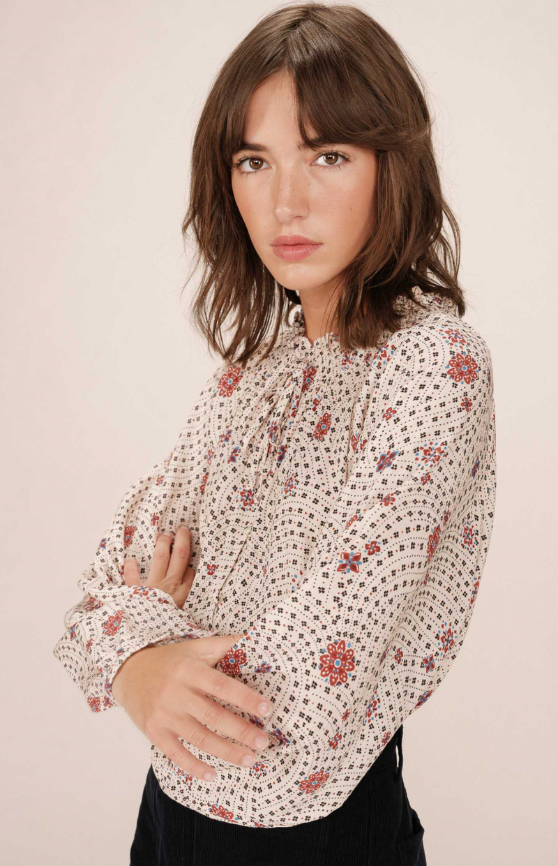 Grace & Mila Scarlett Ecru Burgundy Floral Tie Neck Blouse