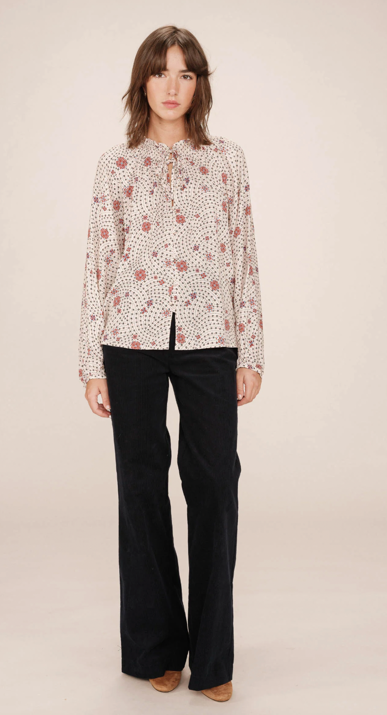 Grace & Mila Scarlett Ecru Burgundy Floral Tie Neck Blouse