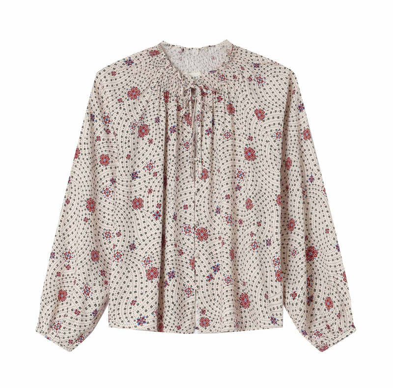 Grace & Mila Scarlett Ecru Burgundy Floral Tie Neck Blouse