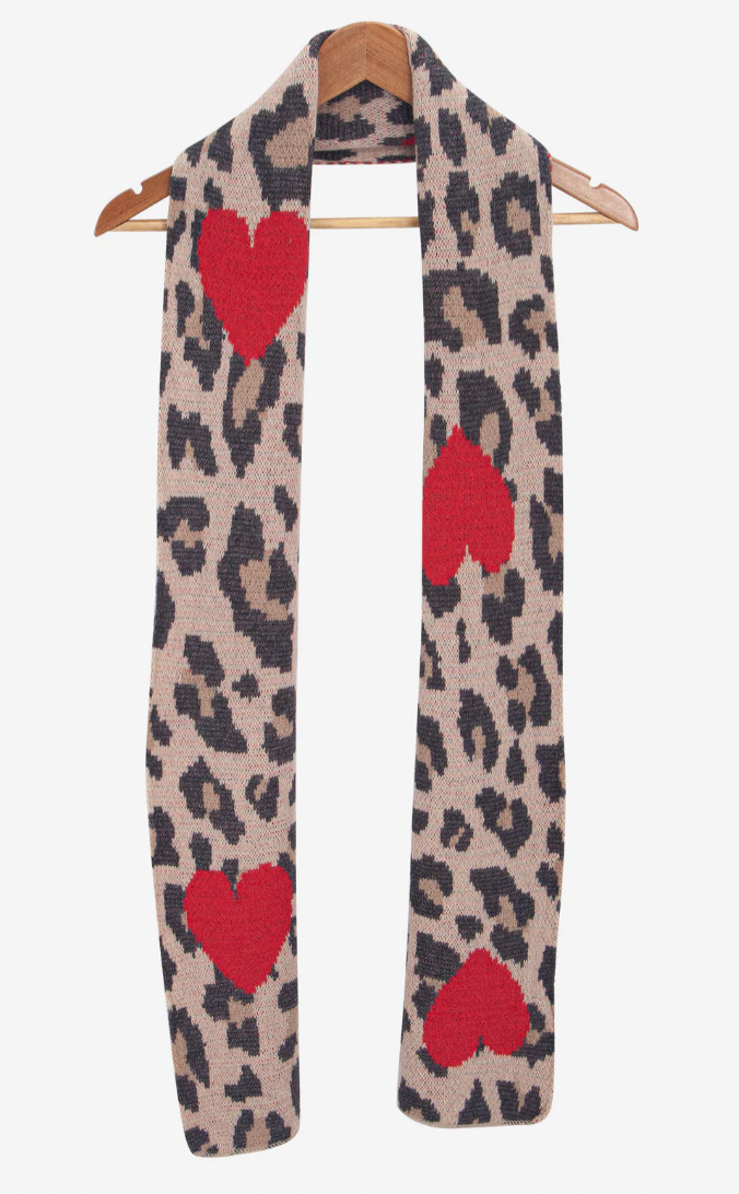 Ruby 67 Wylda Cream Leopard & Hearts Knitted Scarf