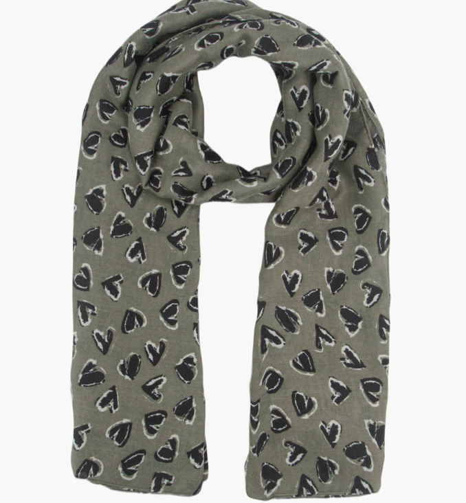 Ruby 67 Kara Khaki/Black Hearts Scarf