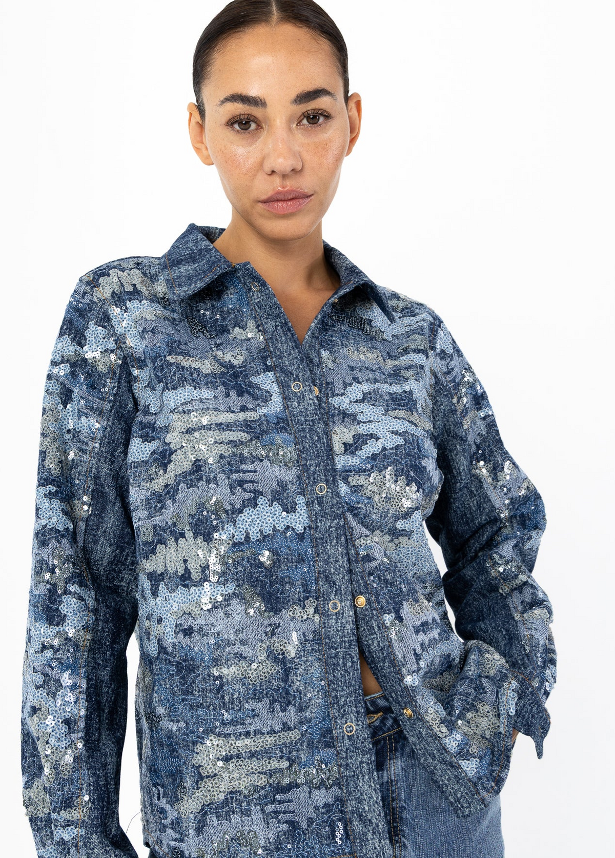 Coster Copenhagen Denim Blue Sequin Shirt Jacket