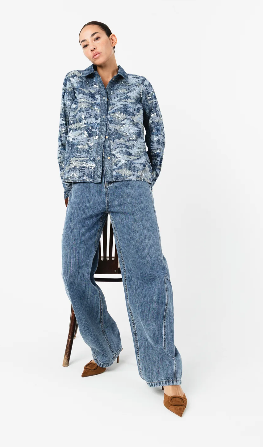 Coster Copenhagen Denim Blue Sequin Shirt Jacket