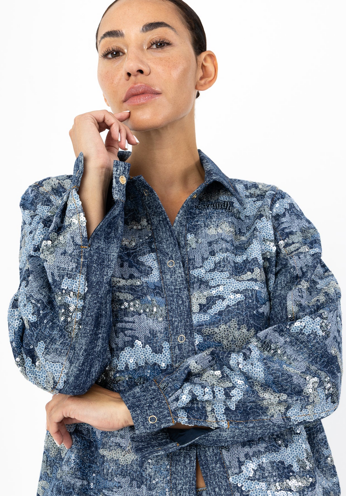 Coster Copenhagen Denim Blue Sequin Shirt Jacket