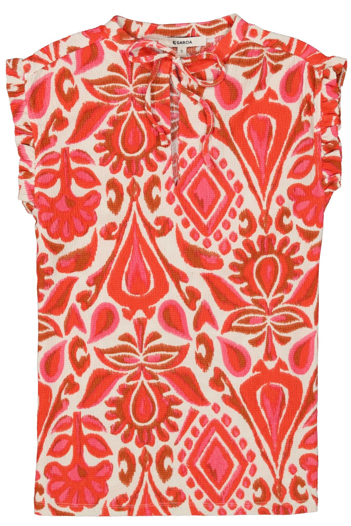 Garcia Ruby Red Printed Textured Tie Neck Top
