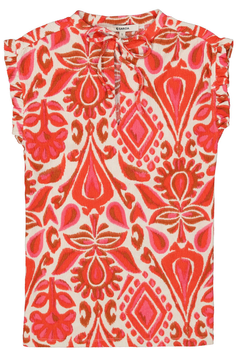 Garcia Ruby Red Printed Textured Tie Neck Top