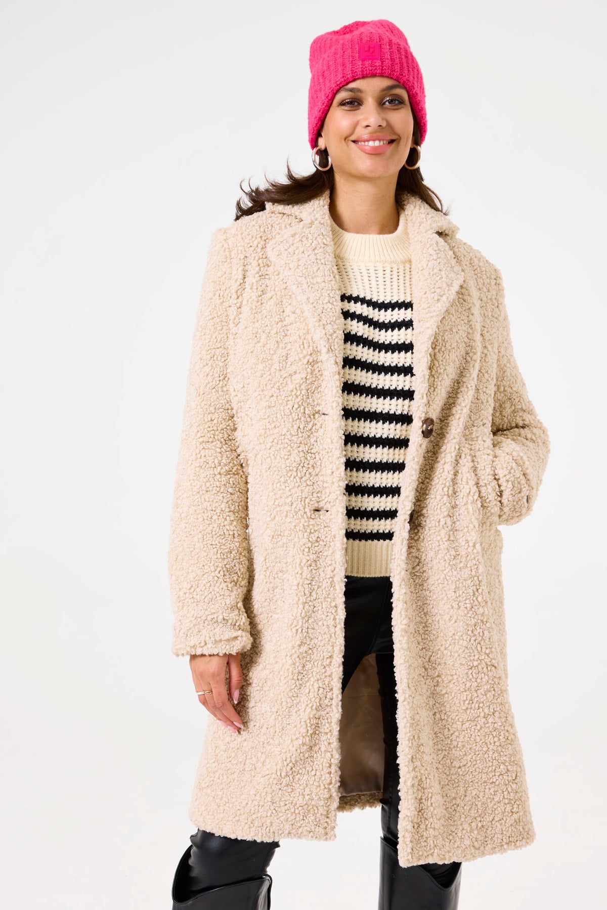 Garcia Beige Boucle Single Breasted Knee Length Coat, GJ400912