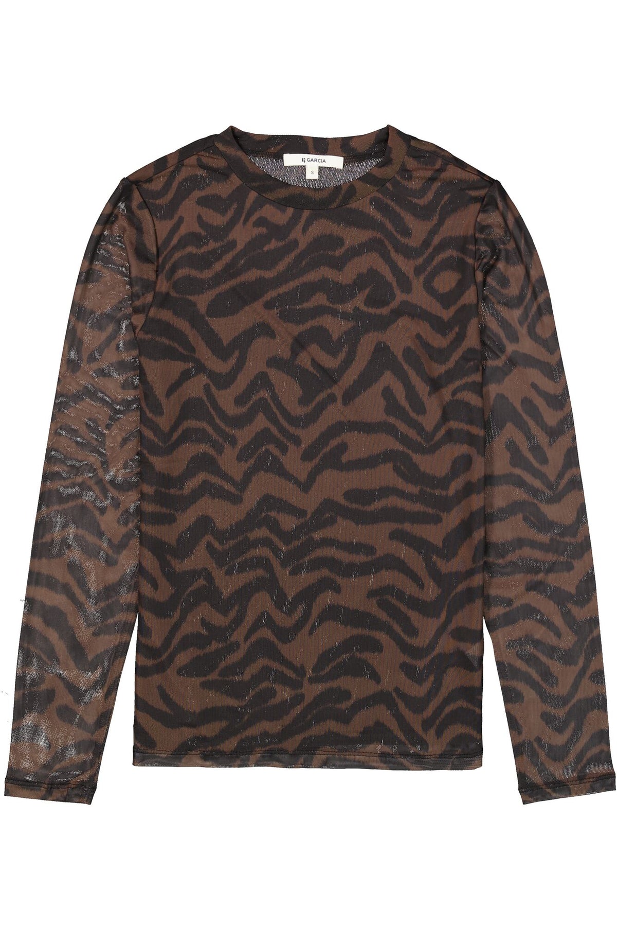 Garcia Chocolate Brown/Black Abstract Print Long Sleeve Mesh Top