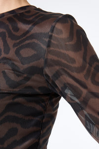 Garcia Chocolate Brown/Black Abstract Print Long Sleeve Mesh Top