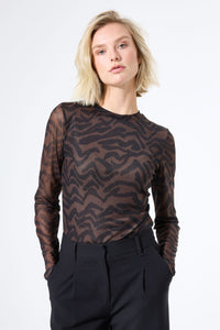 Garcia Chocolate Brown/Black Abstract Print Long Sleeve Mesh Top, J50011