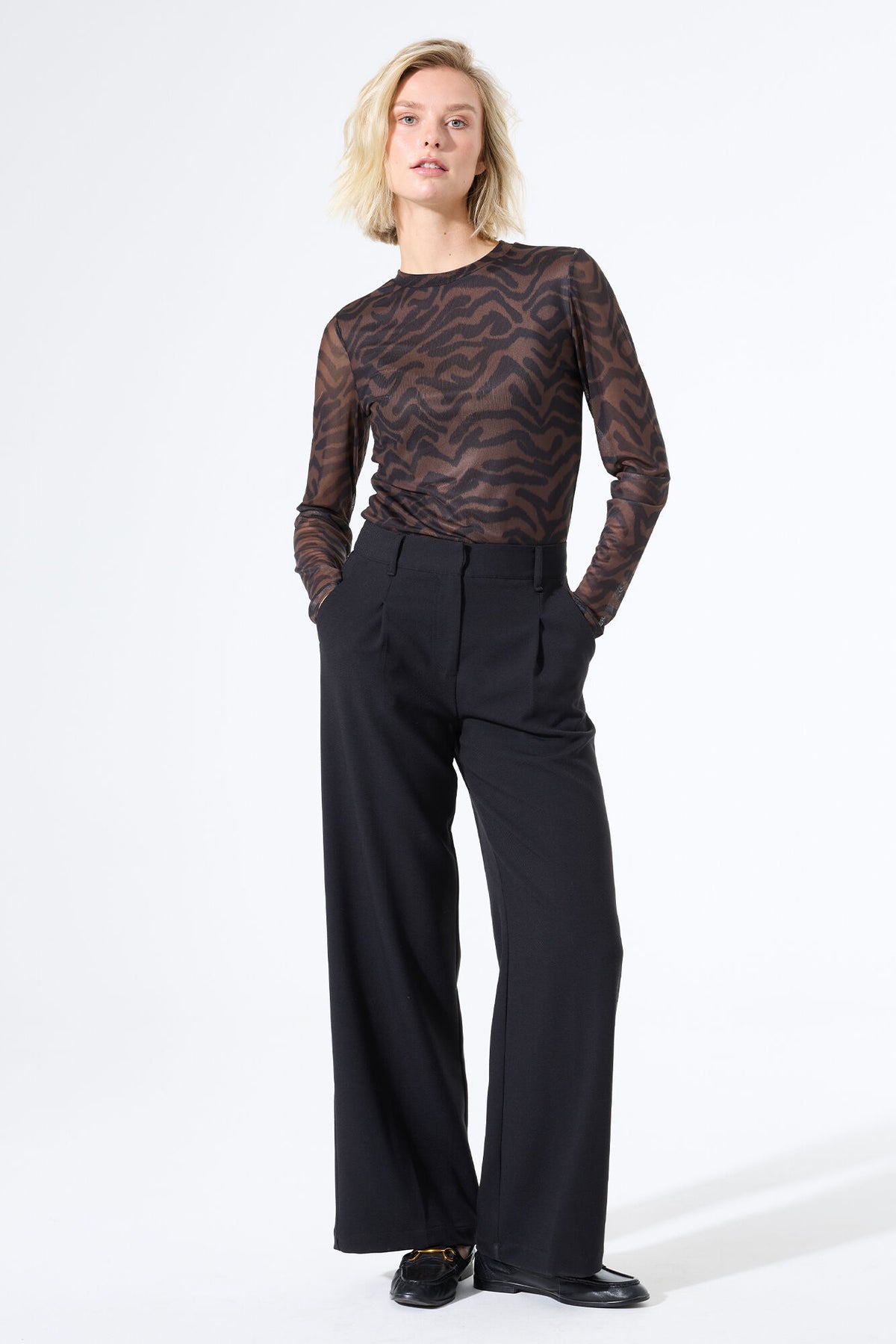 Garcia Chocolate Brown/Black Abstract Print Long Sleeve Mesh Top