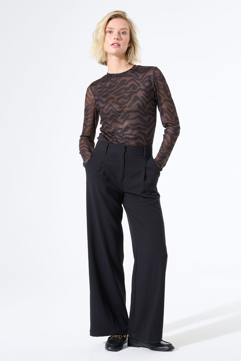 Garcia Chocolate Brown/Black Abstract Print Long Sleeve Mesh Top