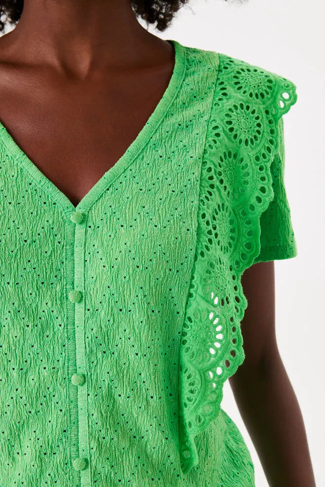 Garcia Festive Green Broderie Anglaise V-Neck Top, P40236