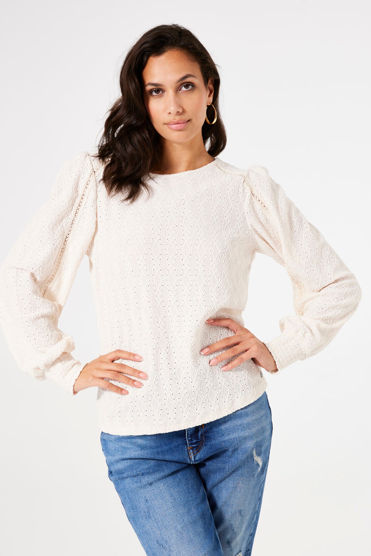 Garcia Cream Broderie Anglaise Supersoft Jersey Blouse, T40210