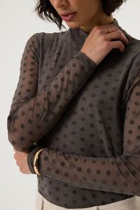 Garcia Graphite Mist Velvet Polka Dot Long Sleeve Mesh Top, V260213