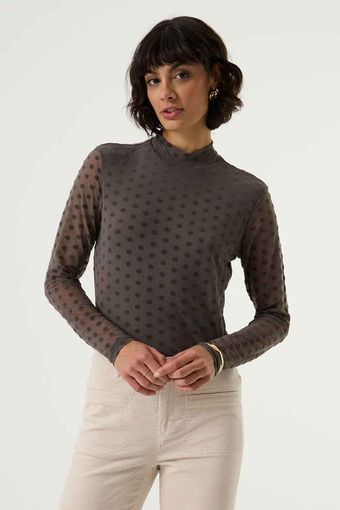 Garcia Graphite Mist Velvet Polka Dot Long Sleeve Mesh Top, V260213