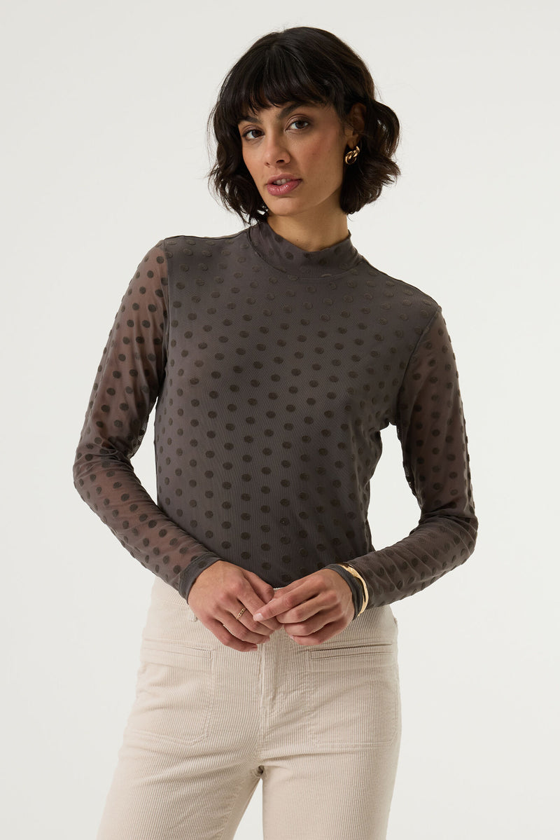 Garcia Graphite Mist Velvet Polka Dot Long Sleeve Mesh Top, V260213
